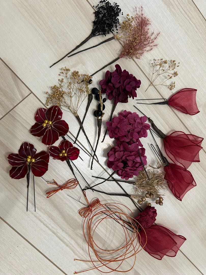 フルセット振袖 上品なくすみピンク白紫花柄 草履バック　髪飾り　正絹　牡丹