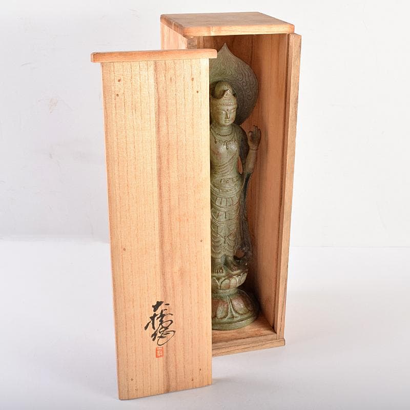 彫刻家　佐々木大樹作　青銅　観音像　仏像　重さ約1.9㎏　共箱　M　R7716B