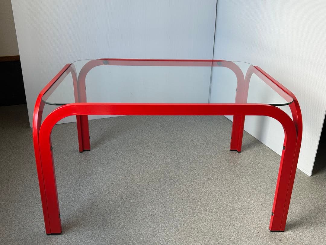 アイアンフレーム ガラステーブル レトロ ポストモダン　ヴィンテージ　ポップ　赤