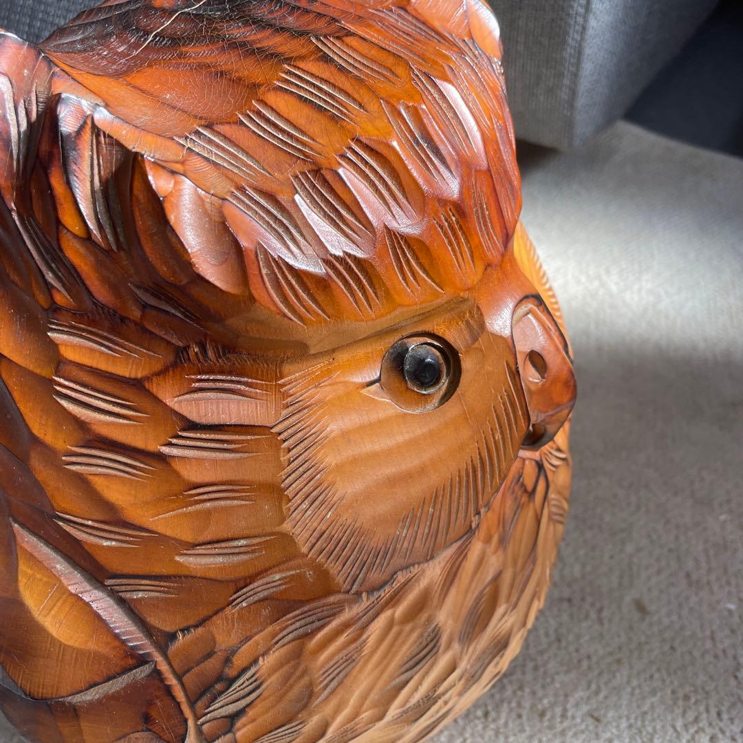 木彫り 名品フクロウ 美品希少 木彫民藝彫刻品。24