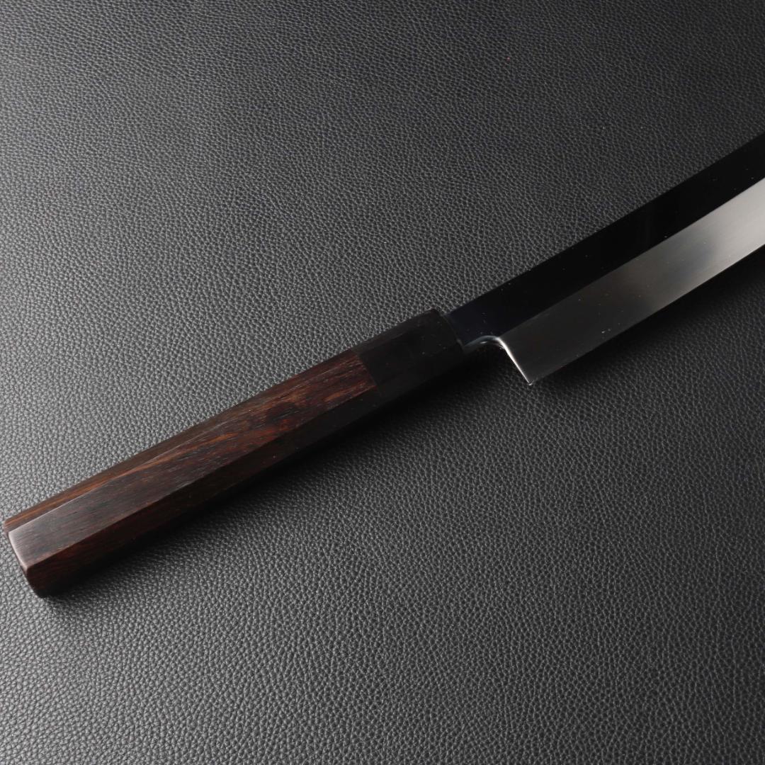 11118鬼反り先丸包丁尺二鏡面仕上げ刺身包丁刃は究極の切れ味黒檀黒水牛角八角柄