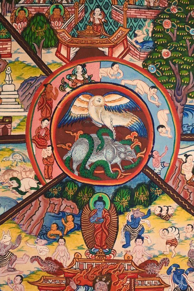 【仏】　★ 仏教 彩絵六道輪廻図掛軸 ★　清朝期　曼荼羅 刺繍表装　布本仏画