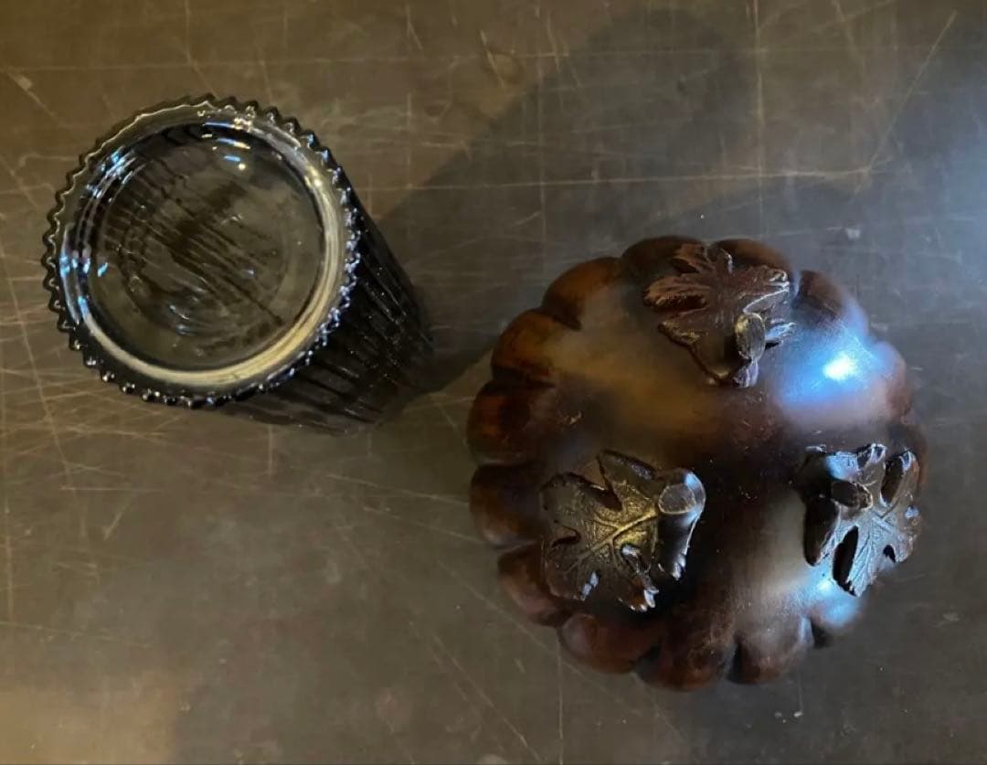 美品　精銅製カボチャ型3足香炉　ミニ色ガラスボトル付　２点セット アンティーク