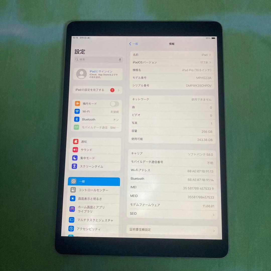 206 電池ほぼ新品☆iPad Pro 256GB 10.5インチ SIMフリー
