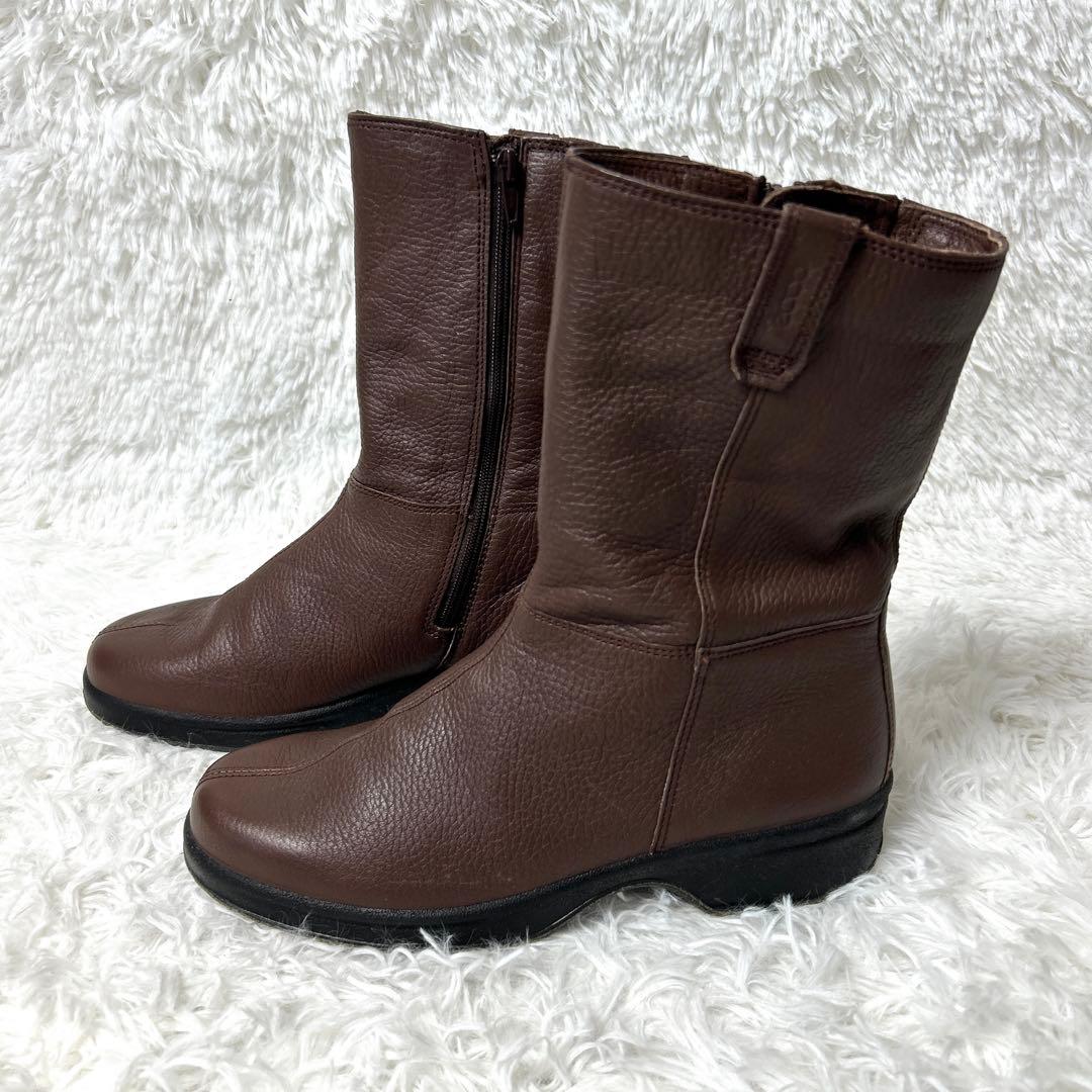 【新品・未使用級】ecco レザーシボ加工ブーツ ブラウン 24cm 3E
