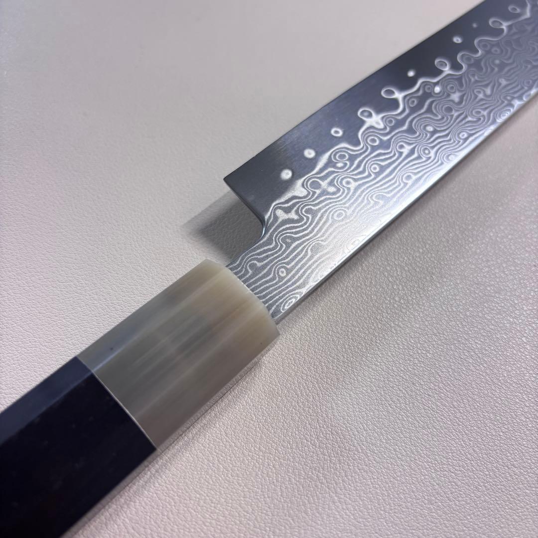 尺　300mm 墨流しダマスカス 柳刃包丁 黒檀本 牛八角柄　刺身包丁 和包丁ᙁ