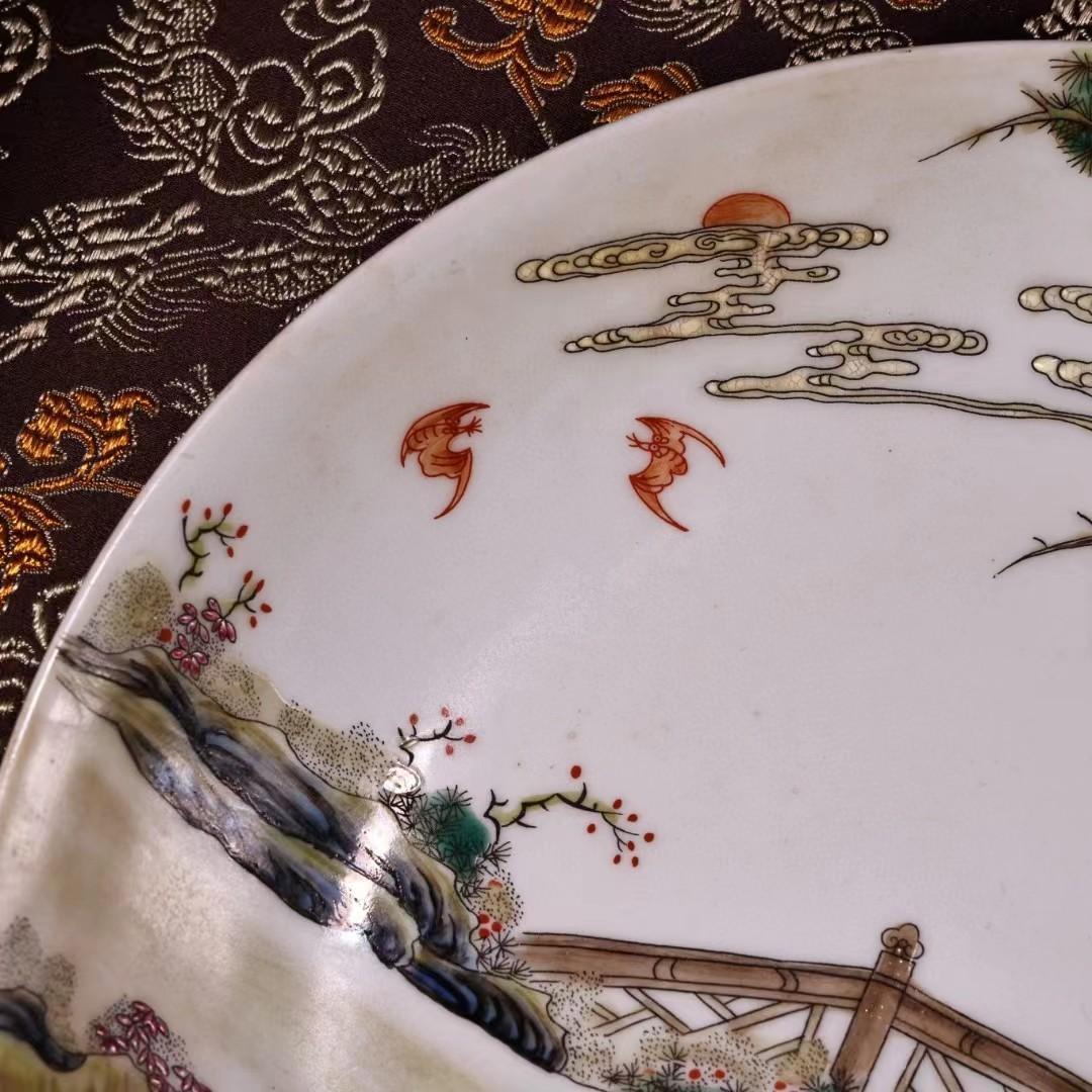 中国古美術・珍蔵粉彩・人物風景絵磁器の中皿・純手描き・箱付・置物・文房具・観賞皿