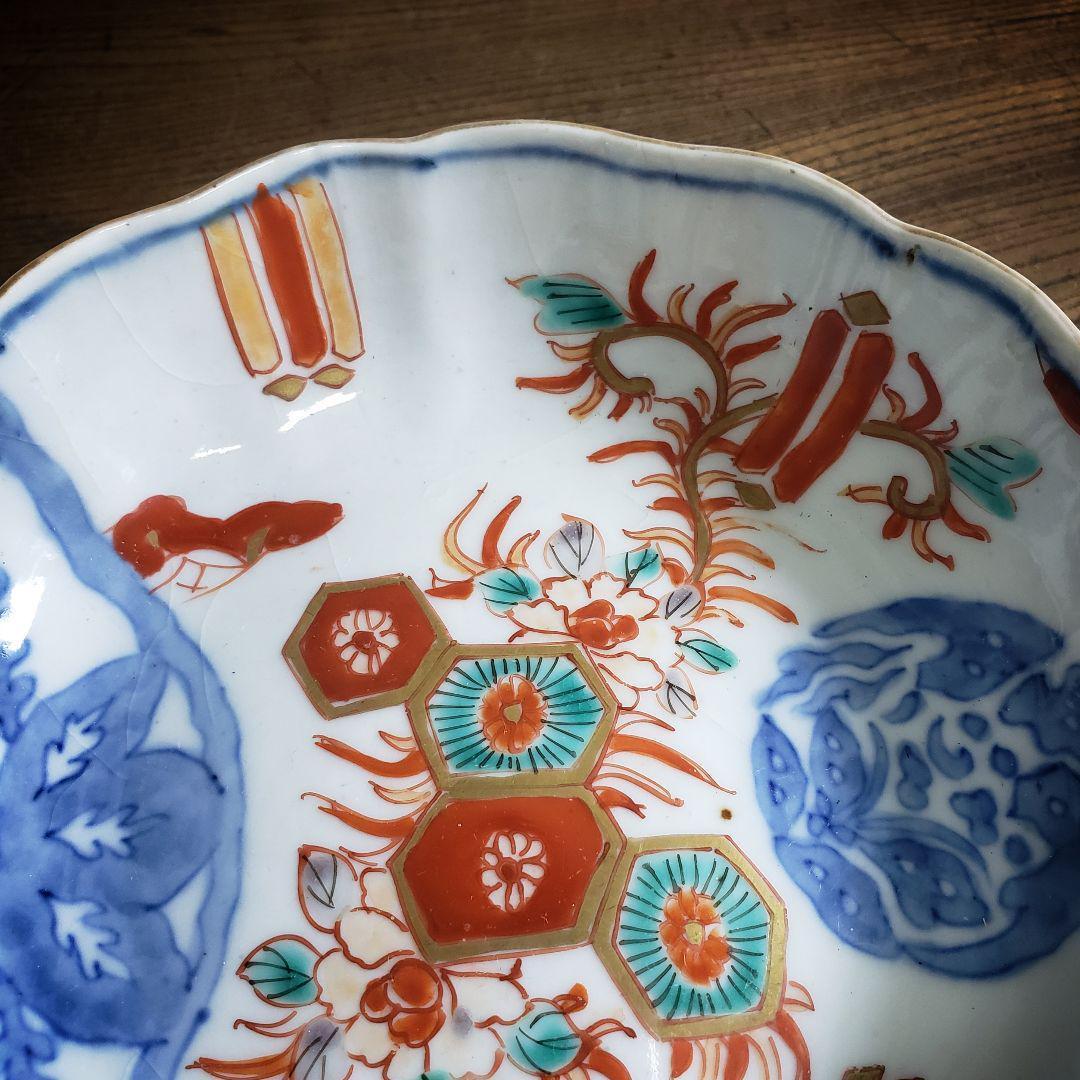 なます皿 古伊万里 色絵付 花唐草 丸文様 亀甲 アマテ ニュウ 欠け ロ号
