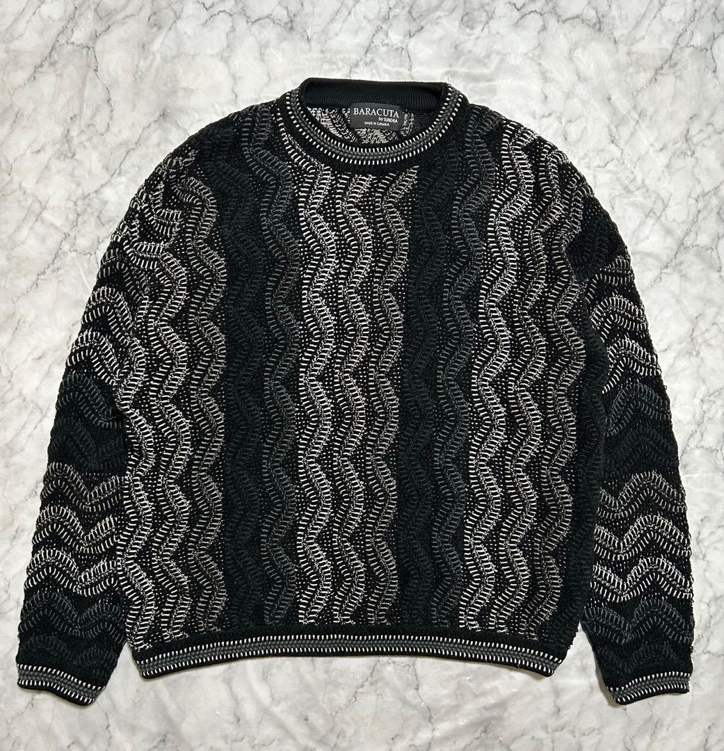 90s カナダ製 TUNDRA ヴィンテージ 3D 総柄 ニット 黒 ブラック