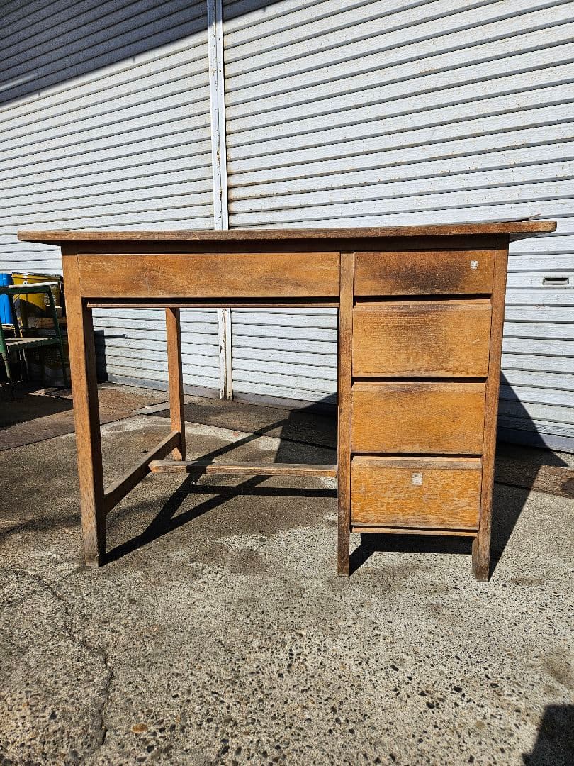 日本のアンティーク 古い片袖机 木製 作業台 アトリエ デスク テーブル