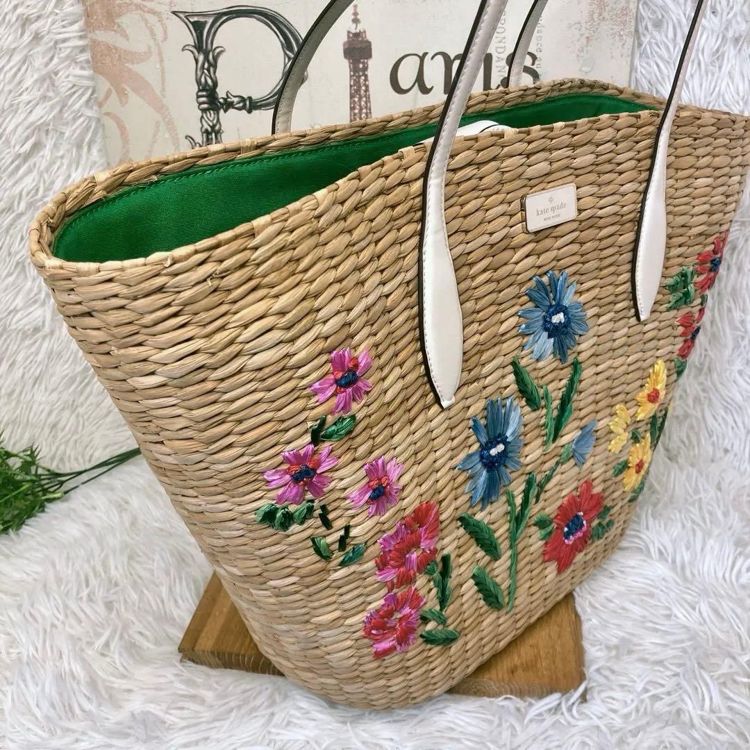 未使用 kate spade ケイトスペード かごバッグ ストロー フラワー