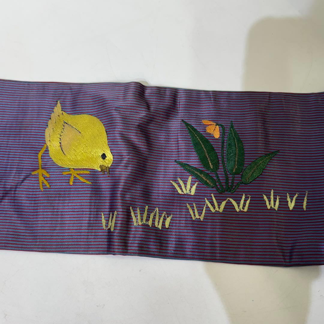 ぬ*ぬ様 アンティーク　刺繍　名古屋帯　刺繍帯　正絹　鶏　ひよこ　花