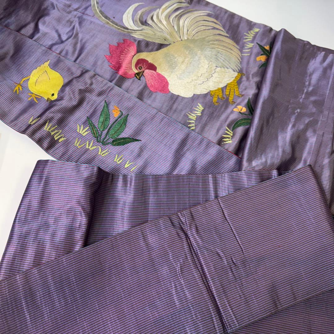 ぬ*ぬ様 アンティーク　刺繍　名古屋帯　刺繍帯　正絹　鶏　ひよこ　花