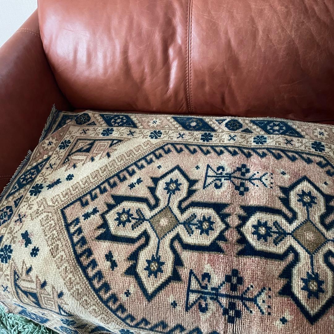 115×72cm ◇トルコヴィンテージラグ　ブラウン615　ブルー　幾何学模様