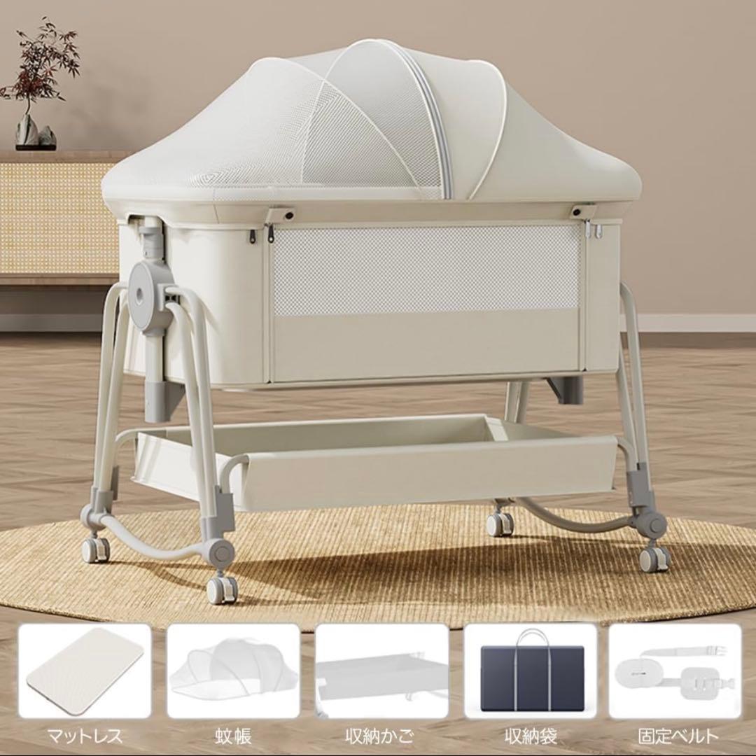 KINO LINPO ベビーベッド　添い寝　キャスター付き 収納棚付き ホワイト