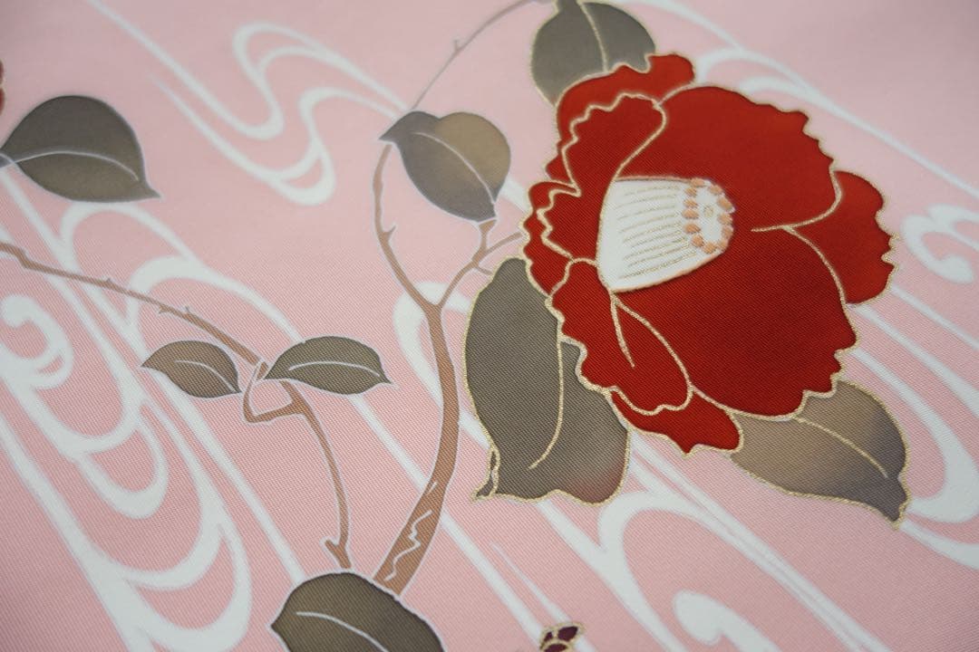 塩瀬　名古屋帯　正絹　流水に椿　手描き友禅　金彩