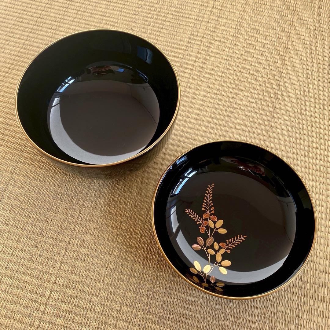 未使用 美品 輪島屋善仁 輪島塗 呂色仕上 【煮物椀5客】草花絵変り蒔絵 懐石