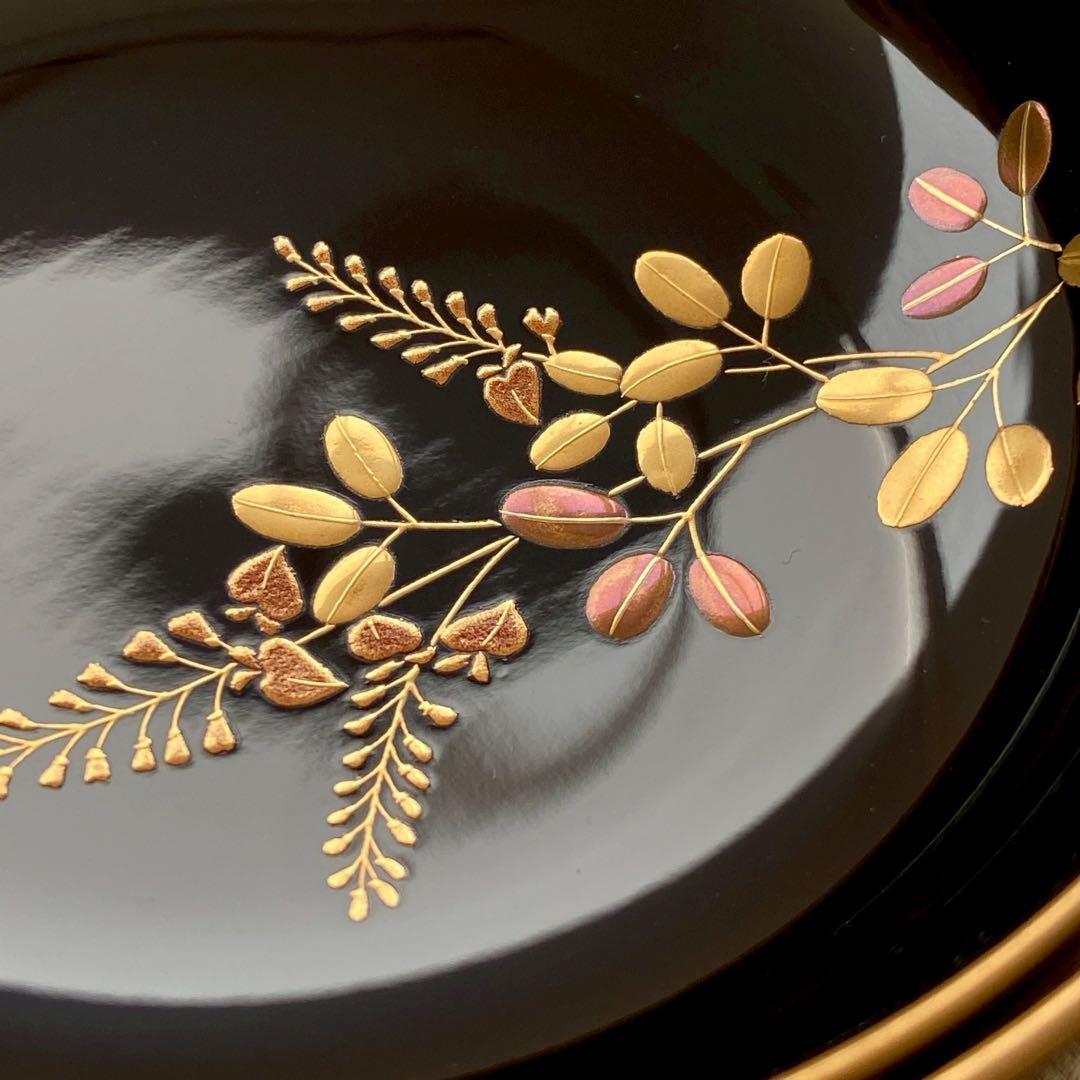 未使用 美品 輪島屋善仁 輪島塗 呂色仕上 【煮物椀5客】草花絵変り蒔絵 懐石