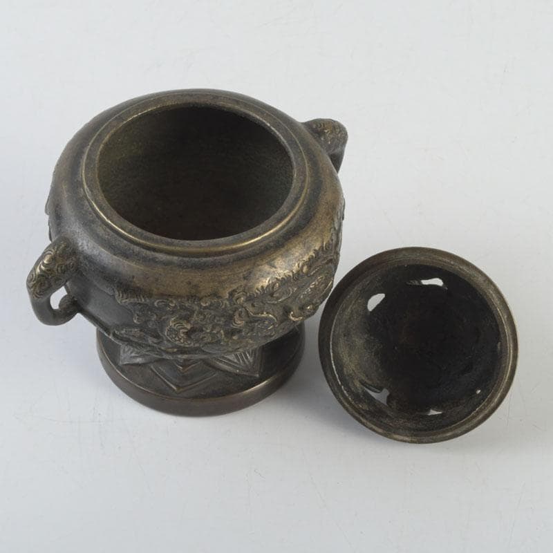 中国　古銅宣徳銅　獅子摘　龍鳳凰刻　蓋爐　香炉　V　9622