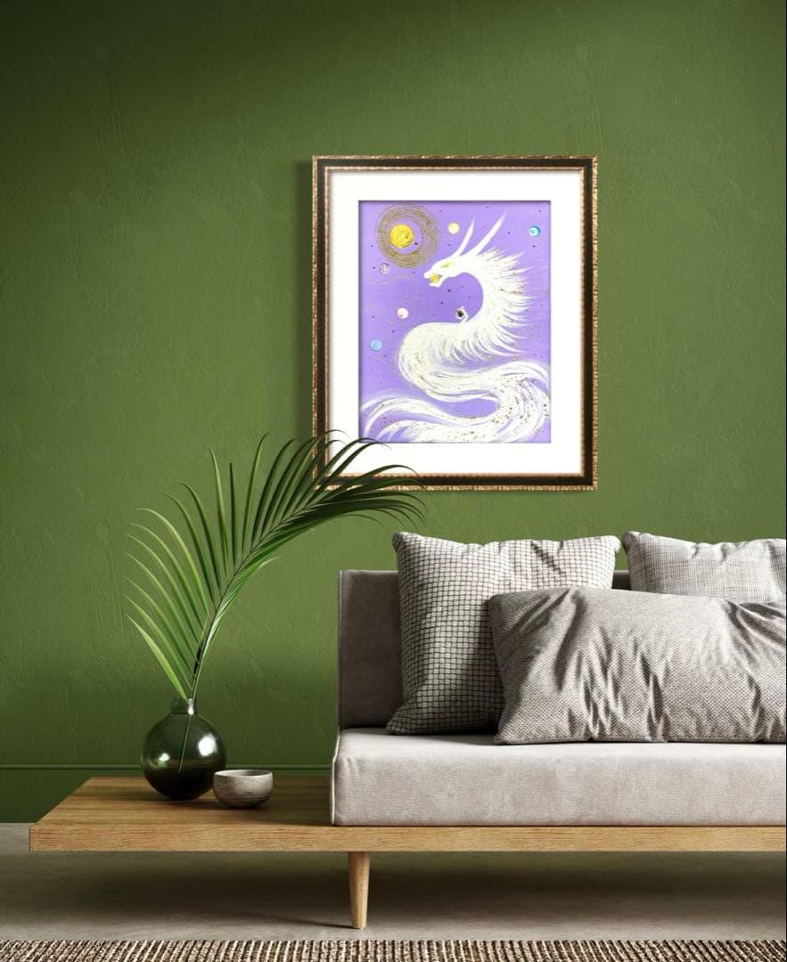 開運絵画　白龍神様　蓮の花７色　守護龍　蓮の花　運気上昇　金箔　スワロフスキー