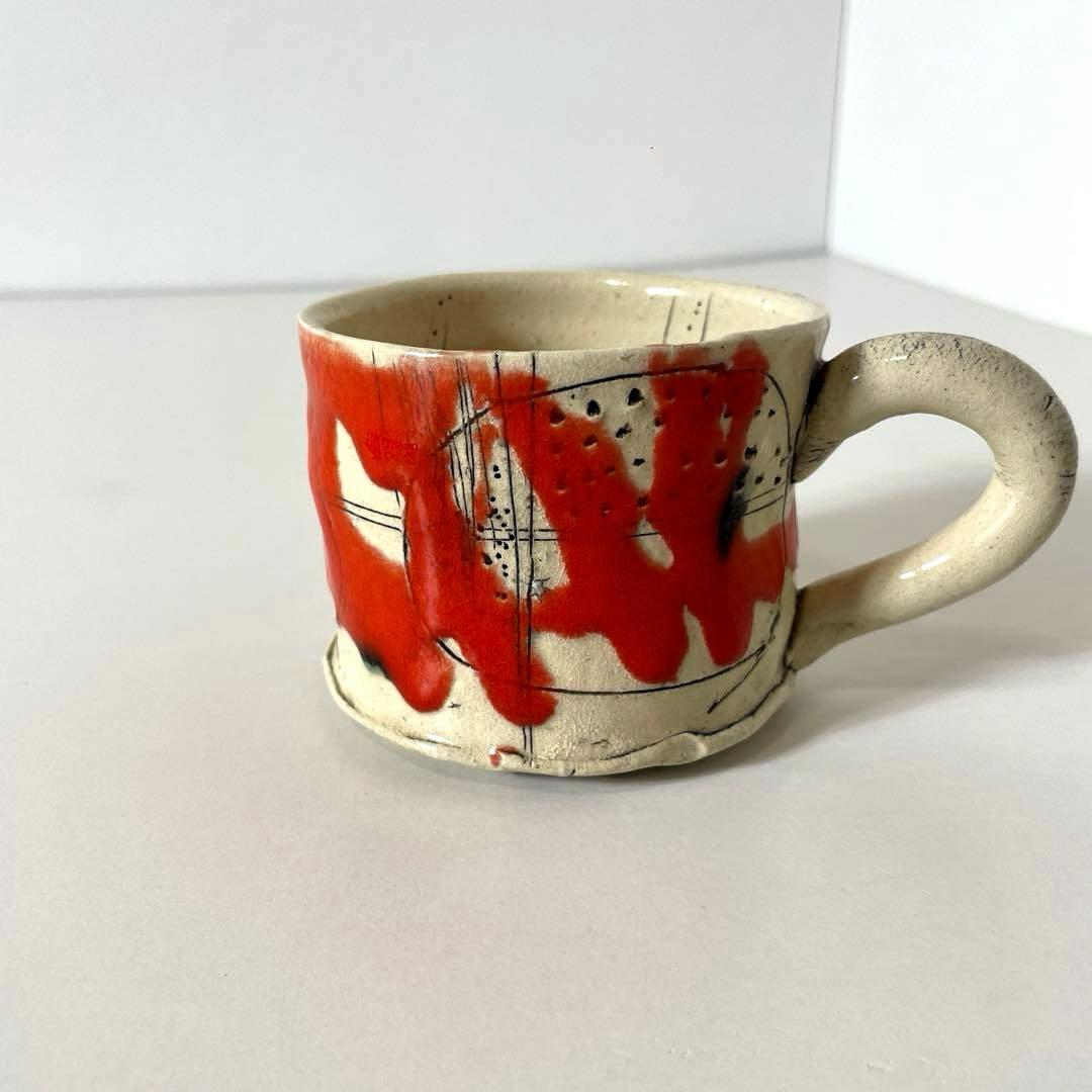 #XG539 陶芸家・山田和・赤釉織部珈琲碗・織部焼・茶碗・酒器・茶道・未使用品