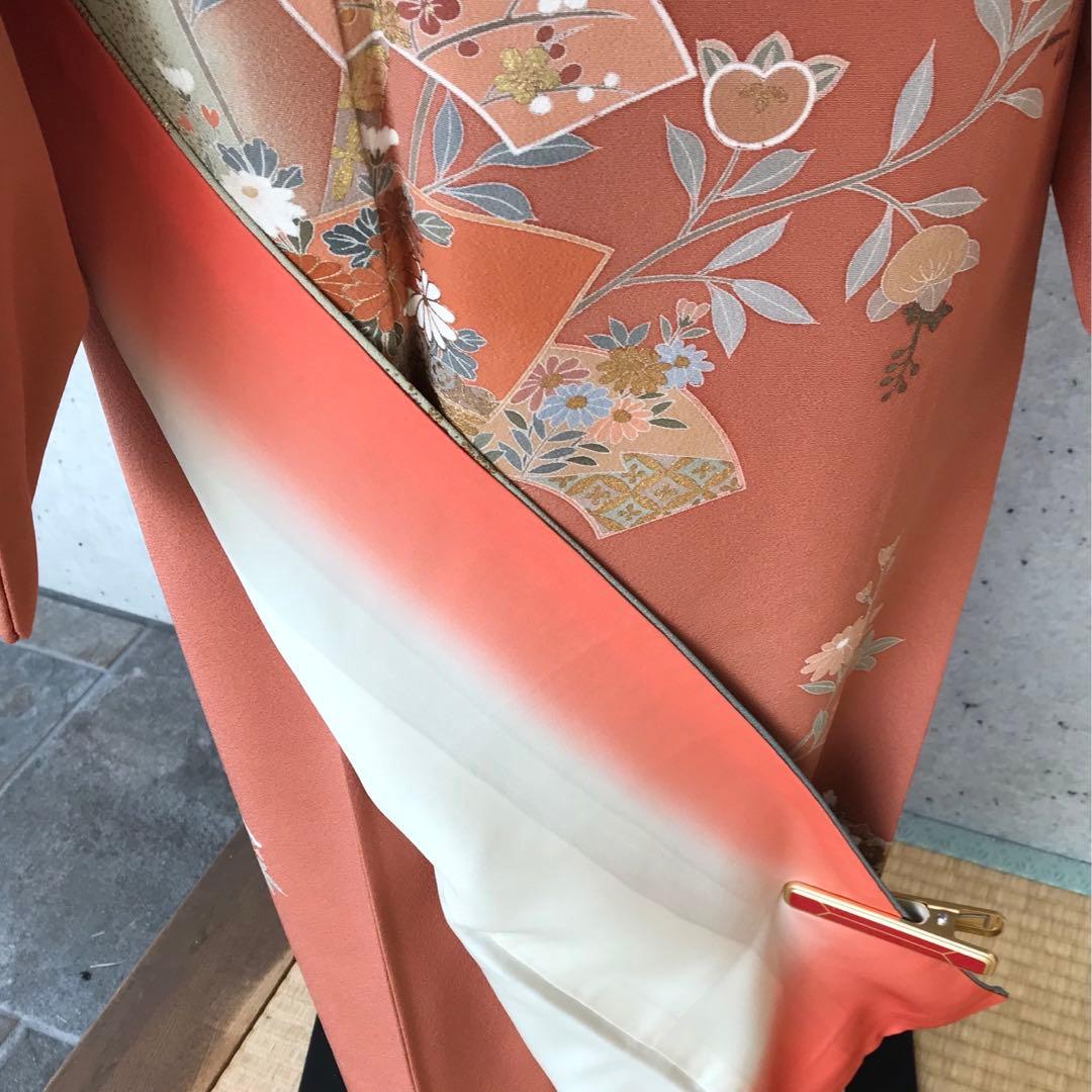 【染め分け】正絹　訪問着　扇に花橘　金箔　袷