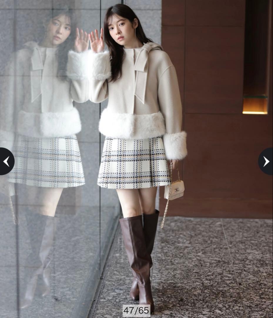 リランドチュール リボンネックファーリバーコート 薄ベージュ S