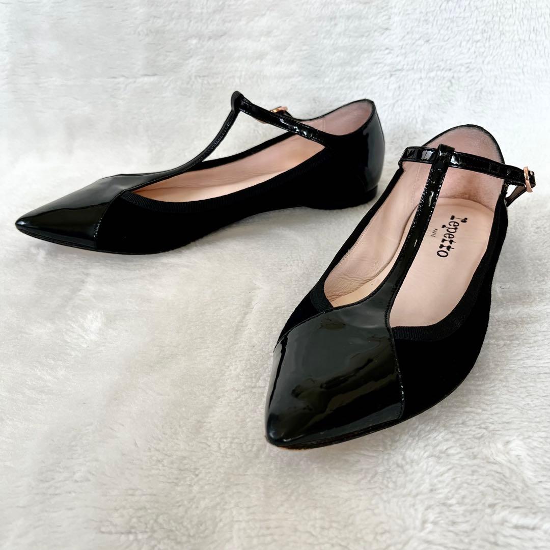 美品☆レペット 37 フラットパンプス Tストラップ エナメル スエード 黒