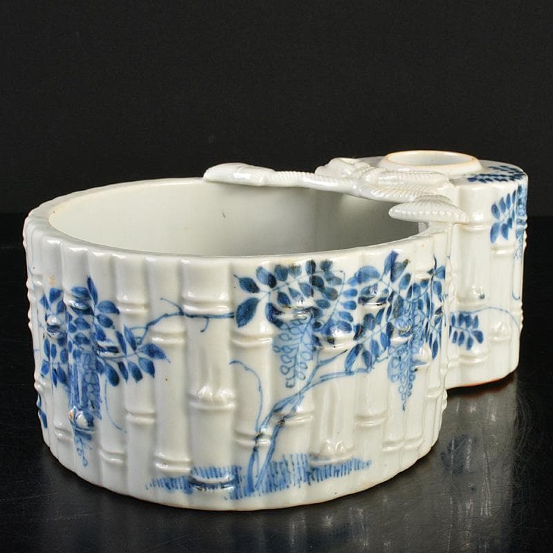 瀬戸焼　古瀬戸　書道具　染付　花鶴文　瓢箪形　筆洗　水盂　F　R7455