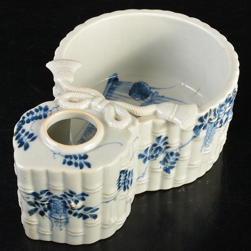 瀬戸焼　古瀬戸　書道具　染付　花鶴文　瓢箪形　筆洗　水盂　F　R7455