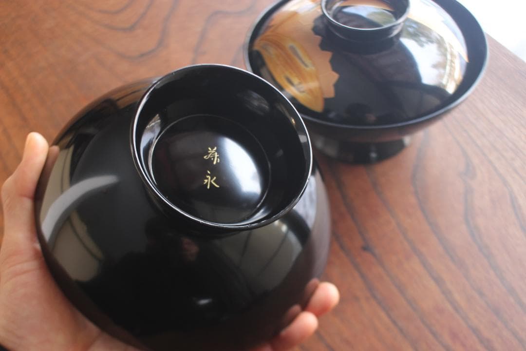 上質黒漆に極上蘭蒔絵の映える大椀2点（検輪島塗蒔絵椀雑煮椀煮物椀