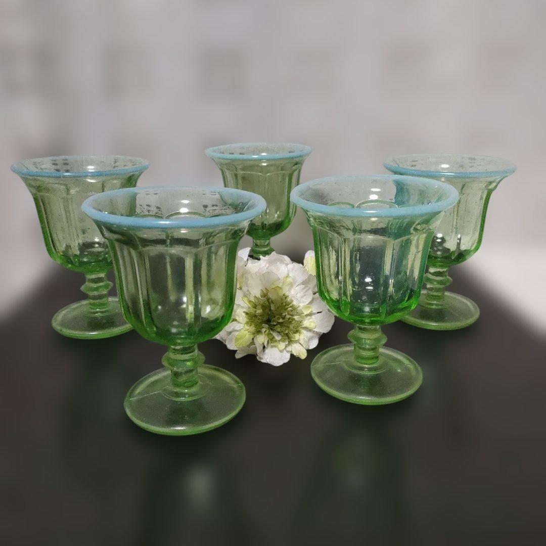 大正ロマン緑色ガラス製足付き 氷コップ5個セット