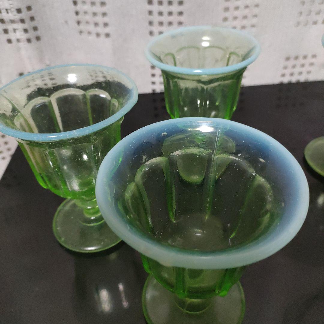大正ロマン緑色ガラス製足付き 氷コップ5個セット