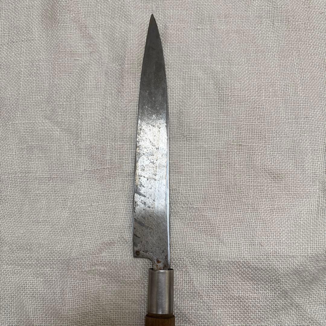 中古　研ぎ済み包丁3点　出刃包丁(木屋)、牛刀(かね惣)、刺身包丁(堺　重光)