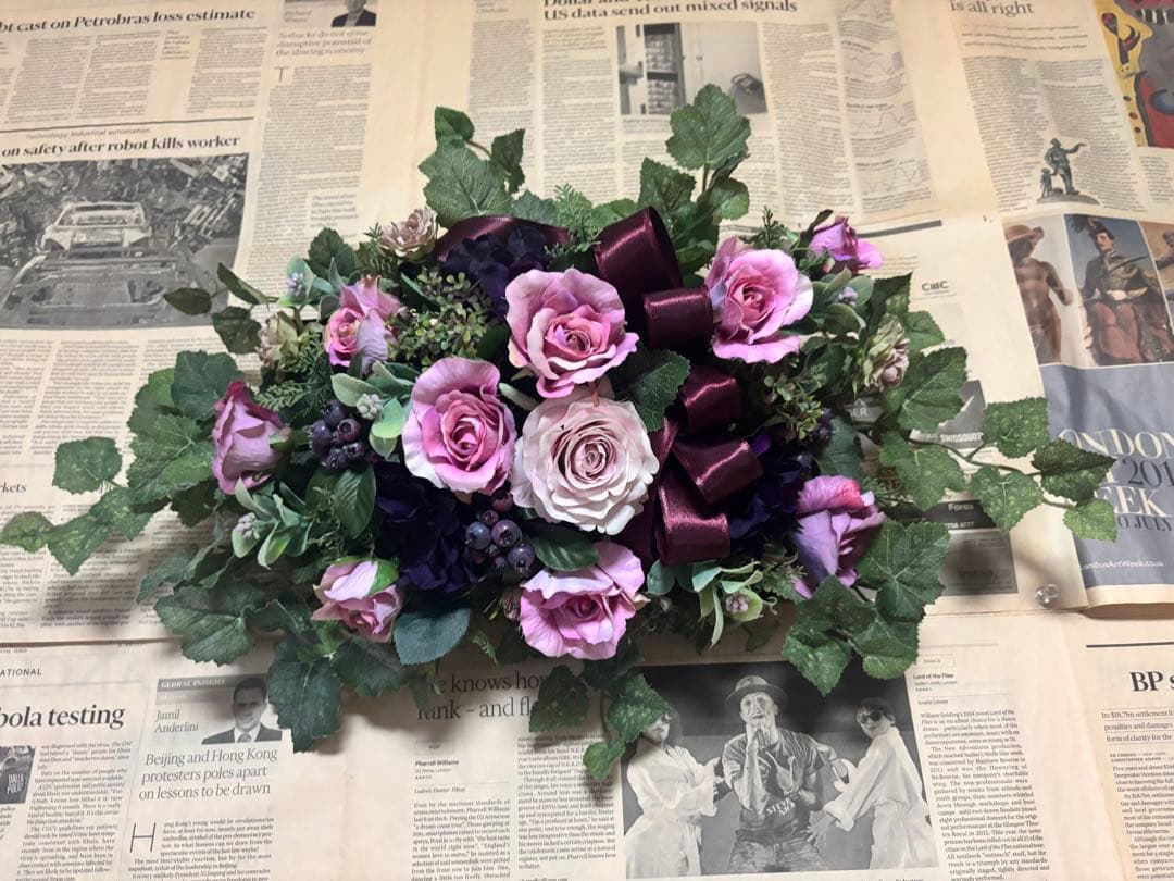 1点モノ☆薔薇と秋色紫陽花のホリゾンタルアレンジ