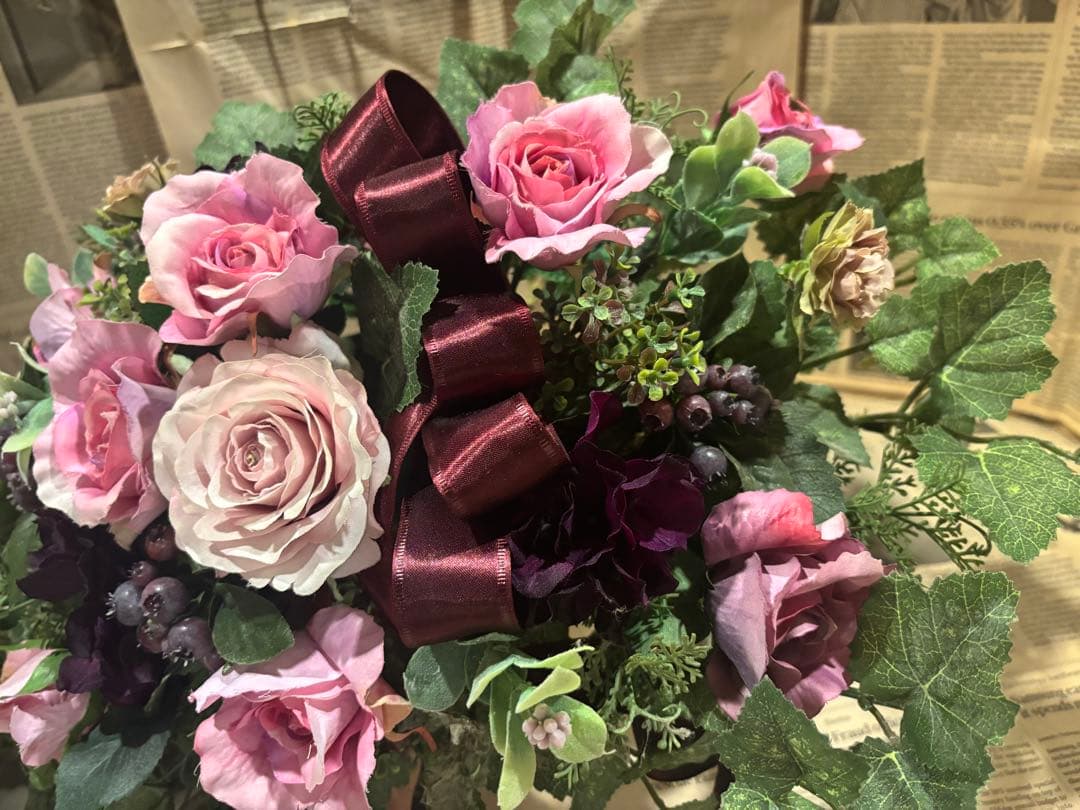 1点モノ☆薔薇と秋色紫陽花のホリゾンタルアレンジ