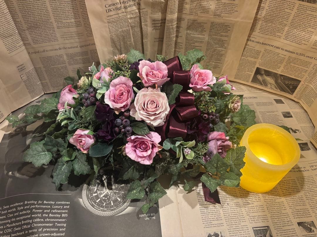 1点モノ☆薔薇と秋色紫陽花のホリゾンタルアレンジ