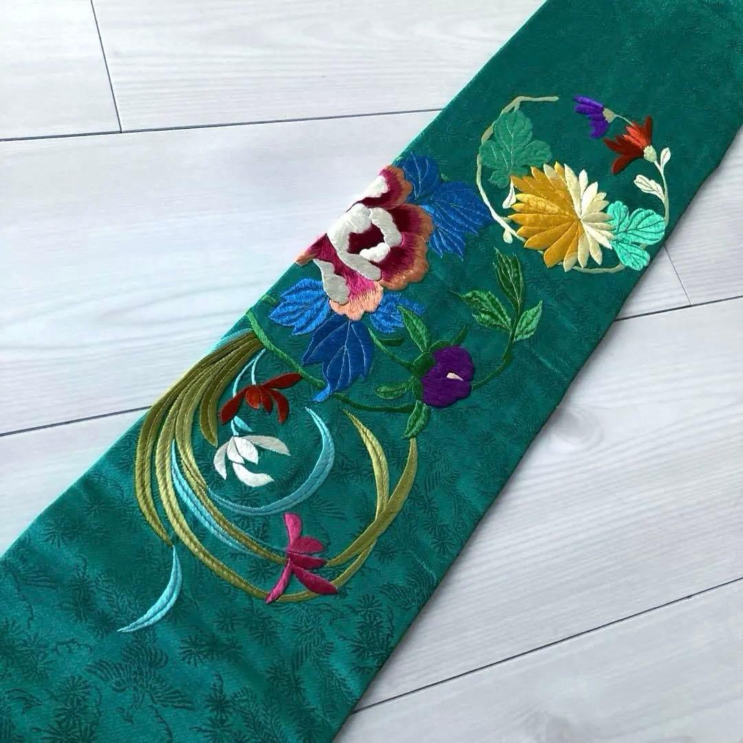 Okuta アンティーク名古屋帯　ターコイズ 刺繍の正絹　洒落帯　N25
