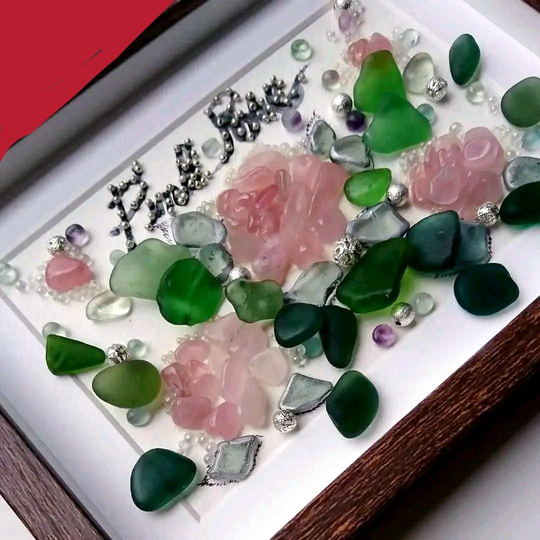 シーグラスアート<ピンクローズ>レア 置物 一点もの 薔薇 天然石 愛の誓い