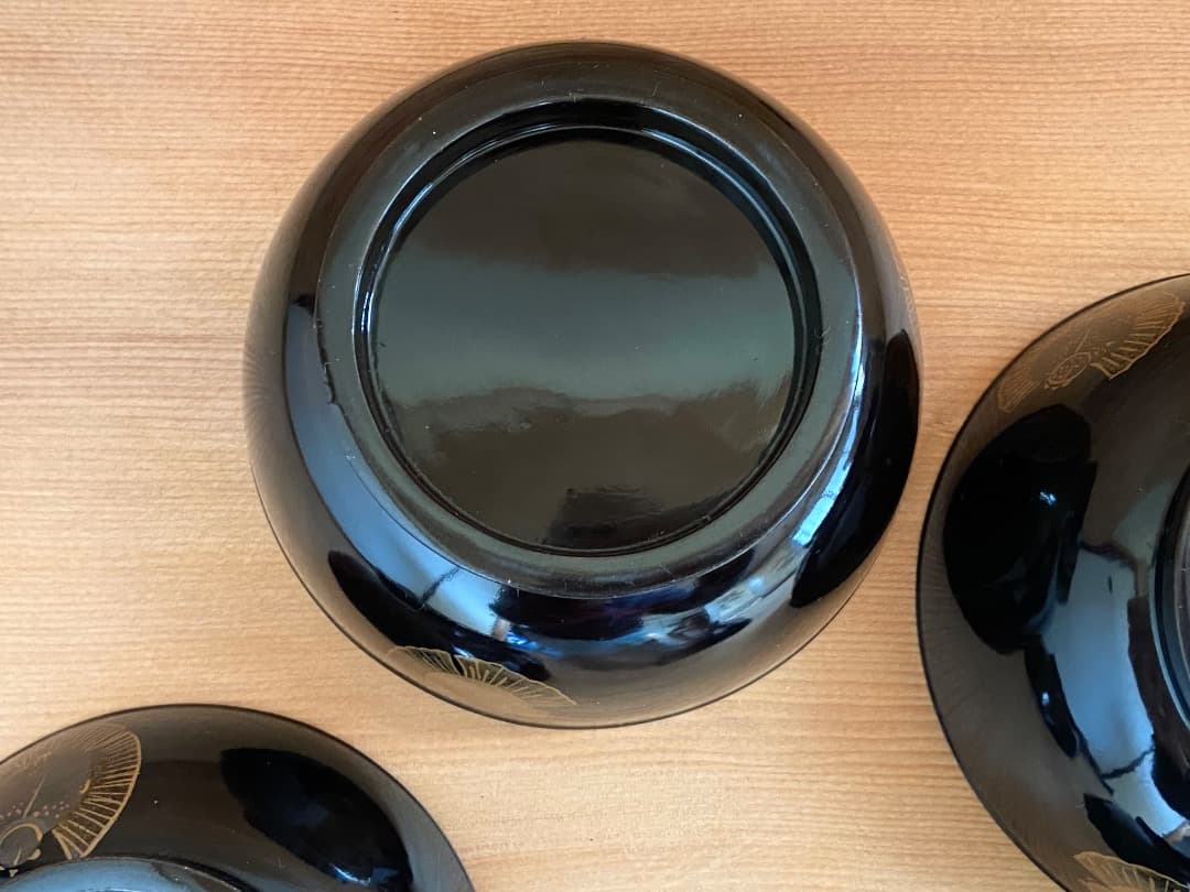 能登に伝わる古民芸 黒漆 福良雀蒔絵 お椀 2客 / 黒塗 漆器椀 蒔絵椀