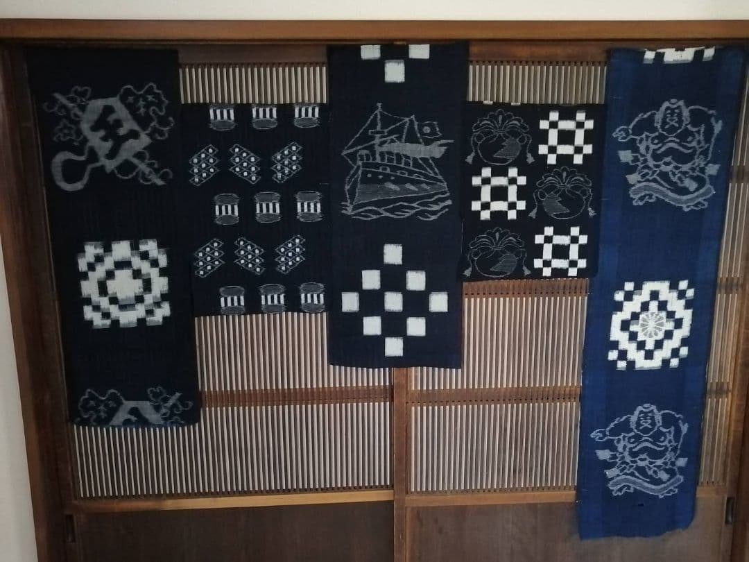 古い絵絣ハギレ　人気の絵柄5種5点