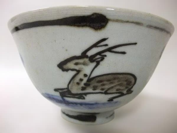和楽庵 高野昭阿弥 遊鹿の図 染付 京焼 抹茶茶碗 茶碗 茶道具 美品 共箱