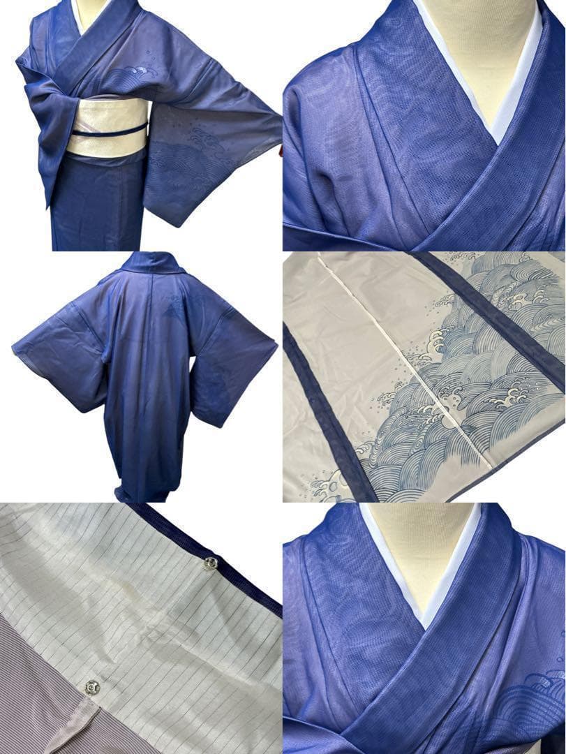 A69愛華 夏着物 二重紗　紺　波模様　刺繍　美品