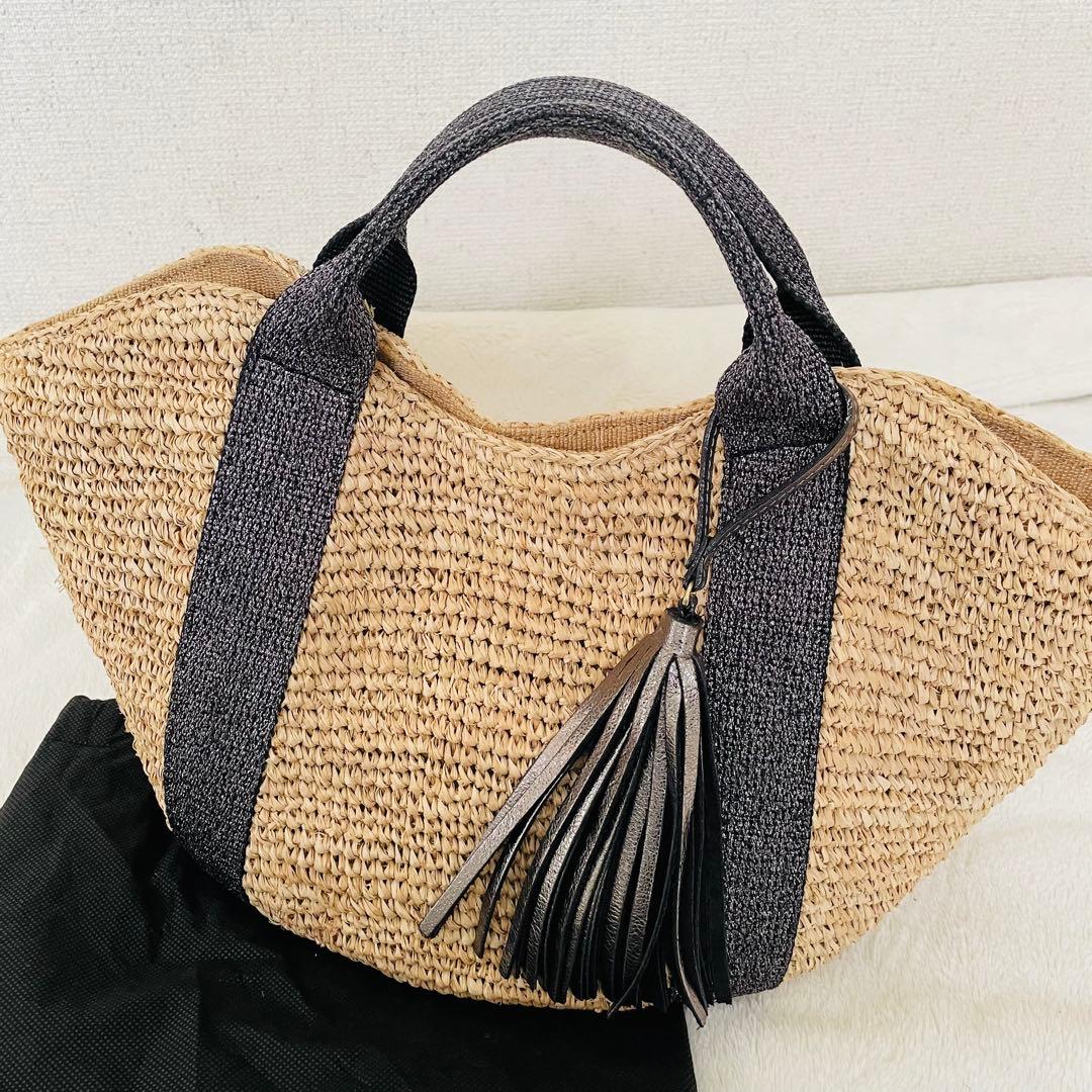 ヴィオラドーロ ラフィアかごバッグ　ラメ糸テープハンドル　牛革タッセル　保存袋