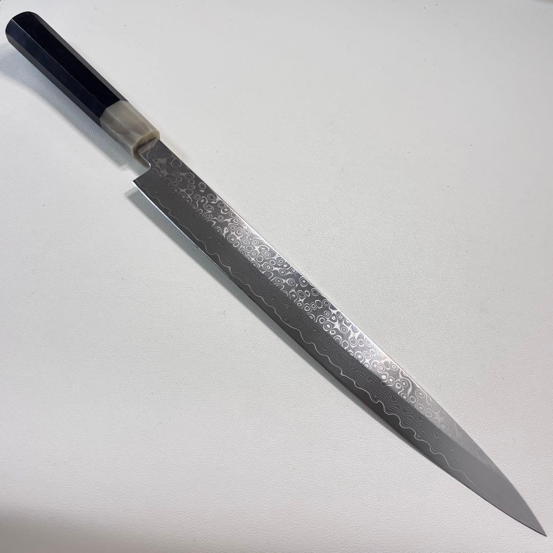 尺　300mm 墨流しダマスカス 柳刃包丁 黒檀本 牛八角柄　刺身包丁 和包丁︑