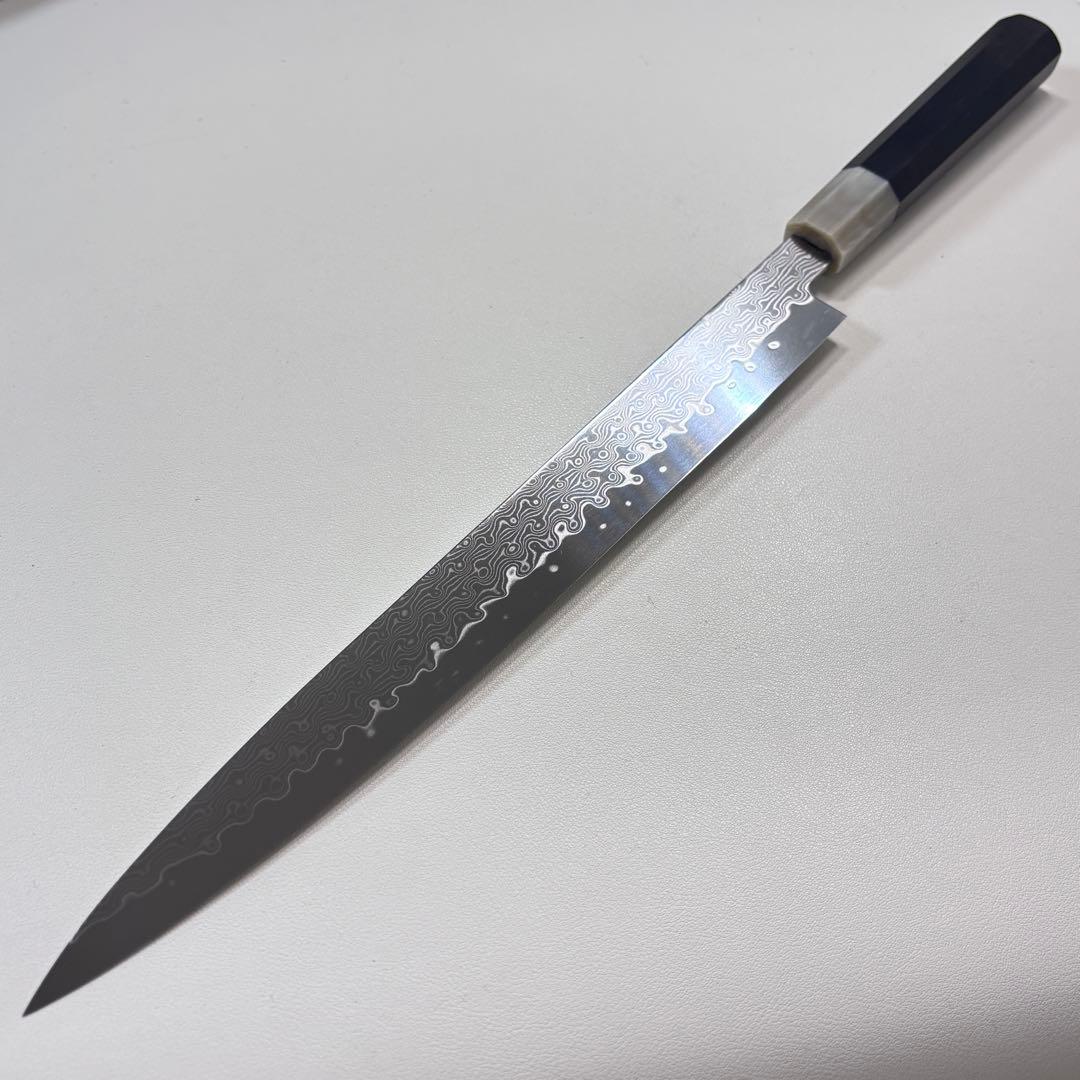 尺　300mm 墨流しダマスカス 柳刃包丁 黒檀本 牛八角柄　刺身包丁 和包丁︑