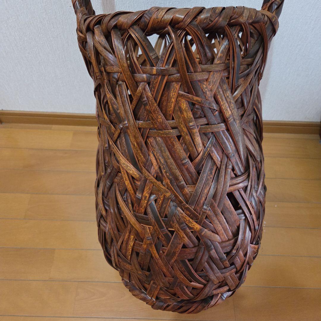■ 高さ80cm 大 竹製かご 花器 竹筒付き 民芸 竹花籠 竹手付花籠