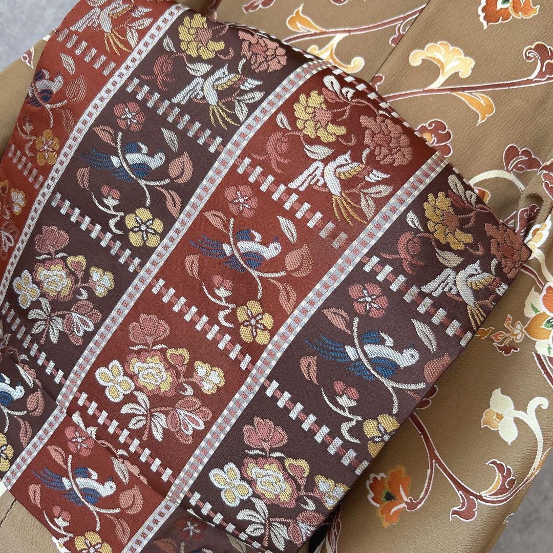 小紋　フルセット　着物　正絹　唐草　マスタードイエロー