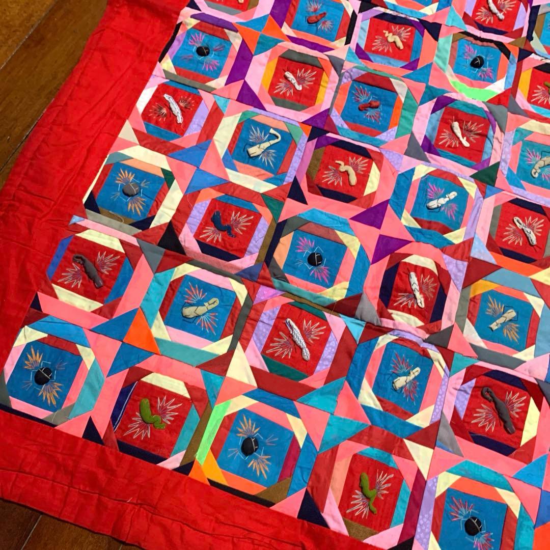 貴重！vintage♡パッチワークキルト大判　チャイナ刺繍　ラグ　ブランケット