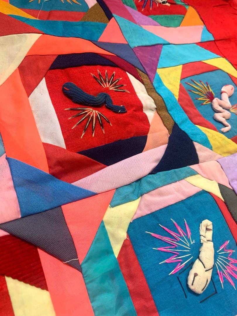 貴重！vintage♡パッチワークキルト大判　チャイナ刺繍　ラグ　ブランケット